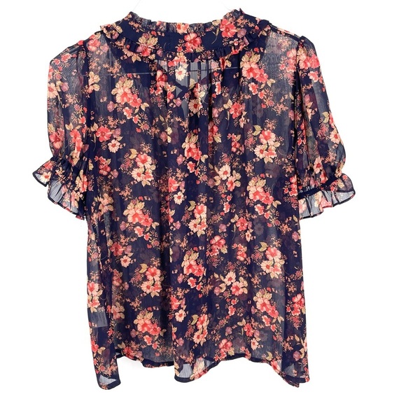 Anthropologie Everleigh Floral Tie Neck Ruffle Short Sleeve Button Blouse Top - Picture 4 of 6